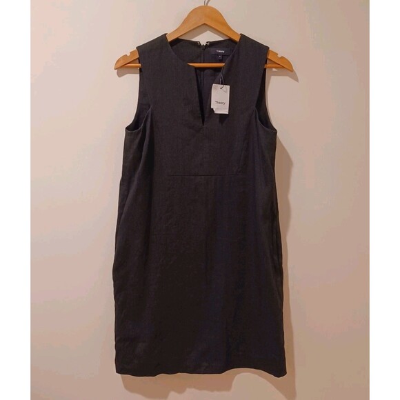 NWT Theory FT Slit Shift Sleek Crunch Sleeveless Linen Dress Black Career Size 6 - Picture 1 of 7